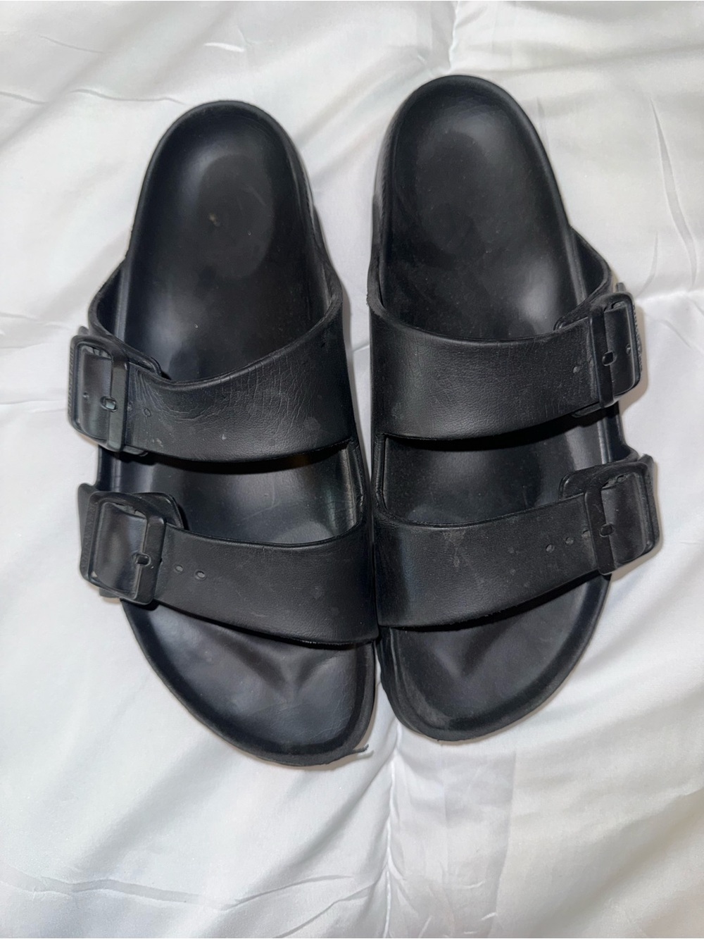 Womens Black Double-Buckle Slide Sandals Arizona Birkenstocks